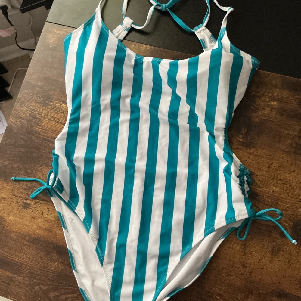 Aeropostale Blue and White Striped One Piece Swimsuit